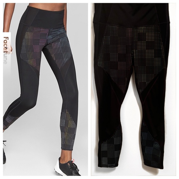 Athleta Aurora Precision Black Reflective Rainbow Dot 7/8 Leggings- M NWOT - Picture 1 of 16